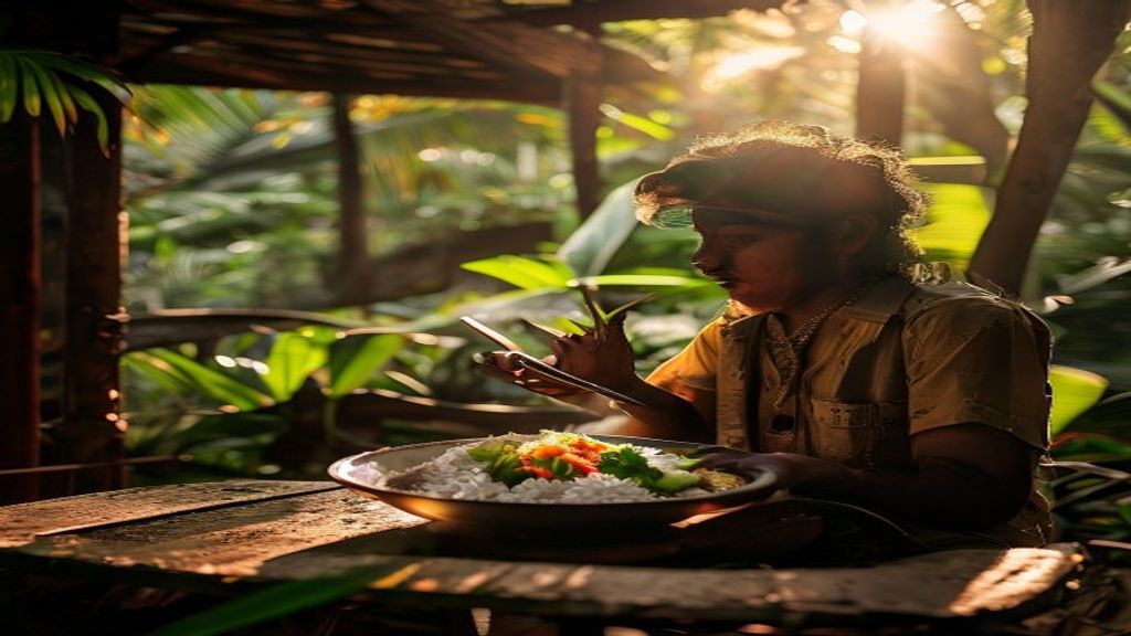 Young Indian traveller eating a fresh vegetarian Balinese rice bowl at an open-air Ubud cafe
