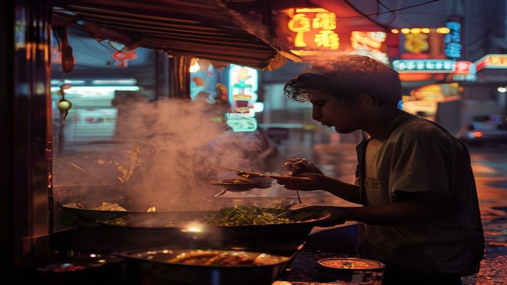 Young Indian traveller eating pad see ew from a street food cart in Bangkok's Chinatown at night