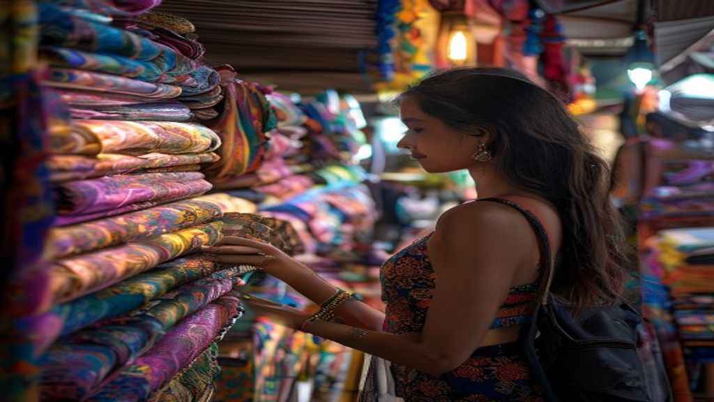 Young Indian woman browsing colourful Thai silk scarves at a Bangkok weekend market stall