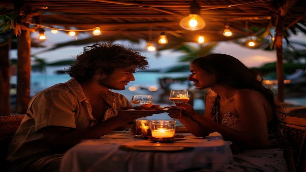 Young Indian honeymoon couple sharing a candle-lit meal at a budget beachside restaurant in Bali