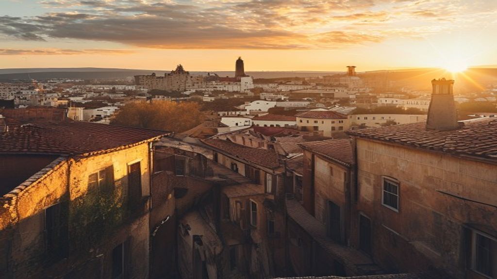 Tbilisi Georgia old town rooftops at golden hour with Narikala Fortress in the background