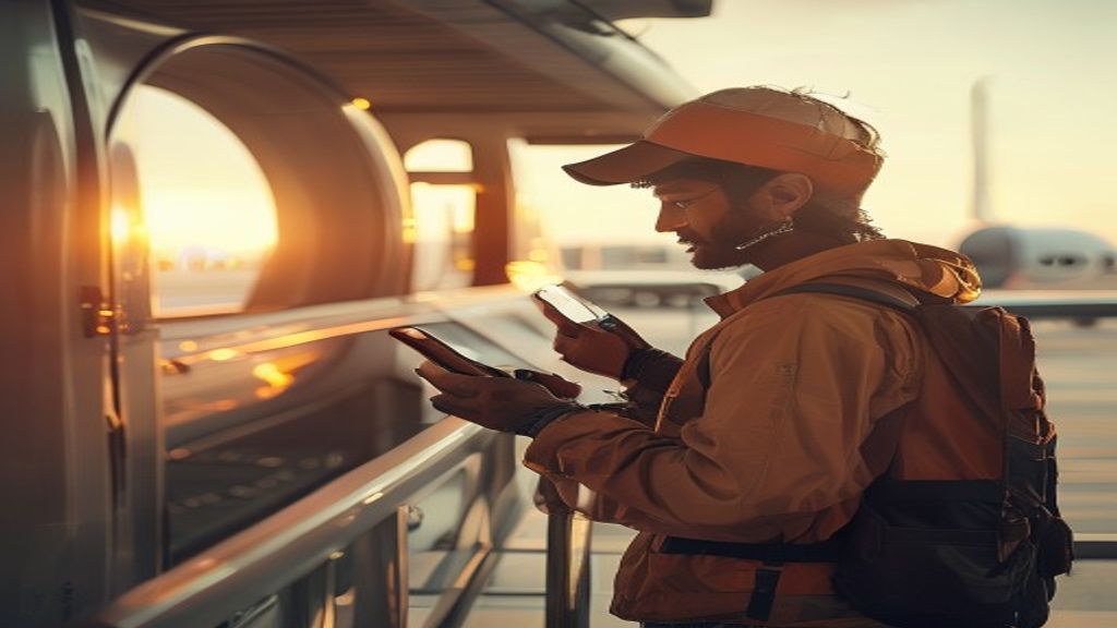 Young Indian traveller checking a flight time on a phone while boarding via an airport jet bridge