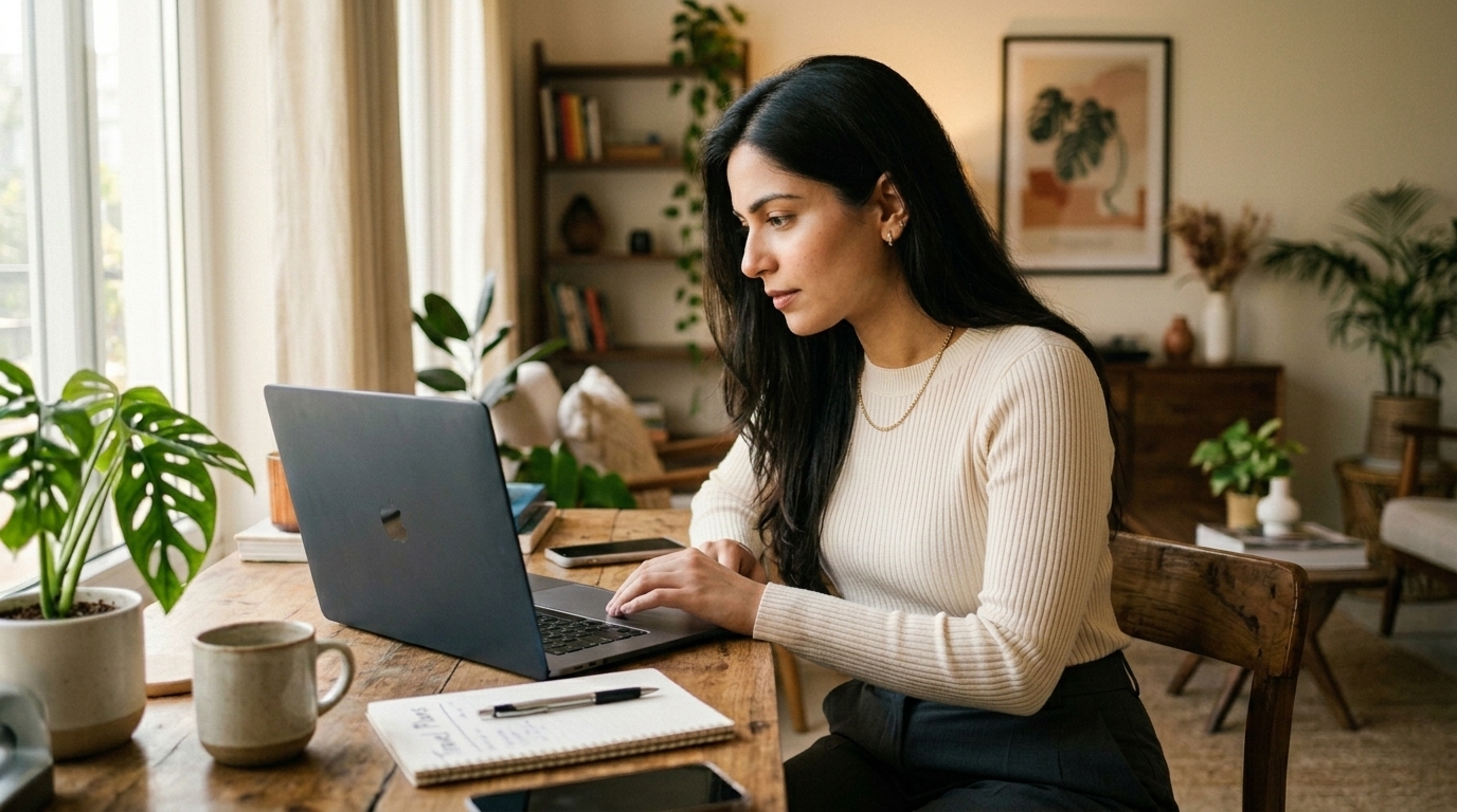 Young Indian professional checking international flight prices on a laptop at home