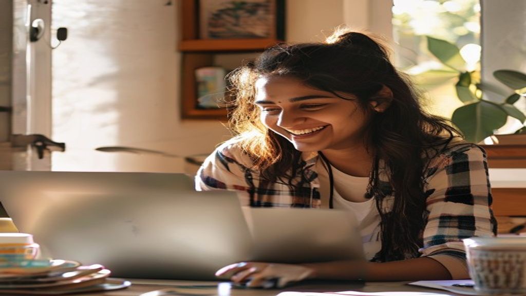 Young Indian woman smiling while planning a trip on her laptop at a bright home office