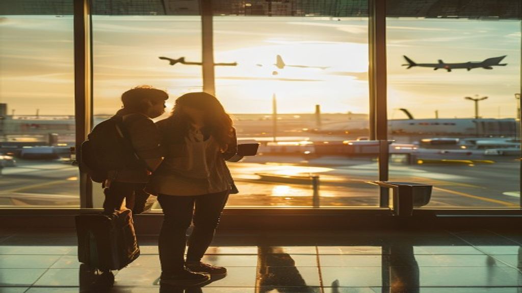 Young Indian couple at an airport departure gate with boarding passes