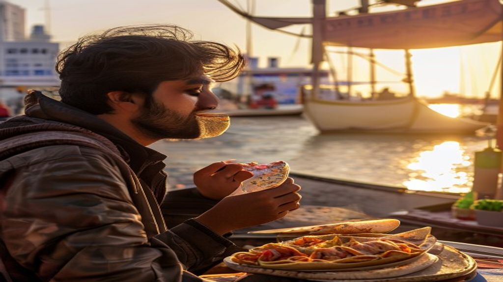 Young Indian traveller eating a shawarma wrap at a Deira street food stall in Dubai