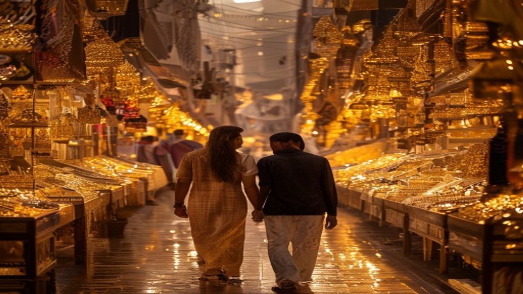 Young Indian couple walking through the Deira Gold Souk in Dubai