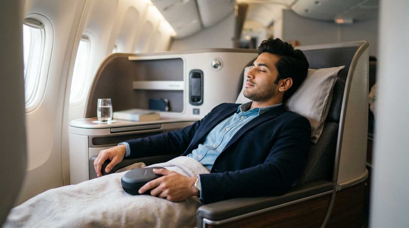 Young Indian business traveller reclining in a flat-bed business class seat