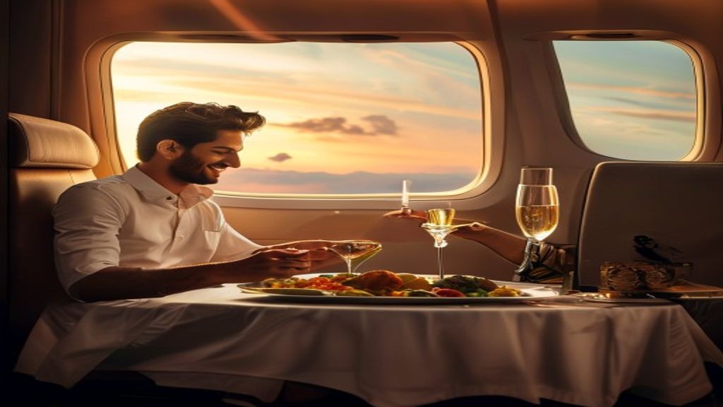Young Indian traveller enjoying a multi-course meal in a business class cabin