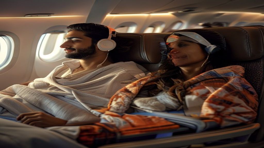 Indian couple comfortable in economy class seats on an international flight