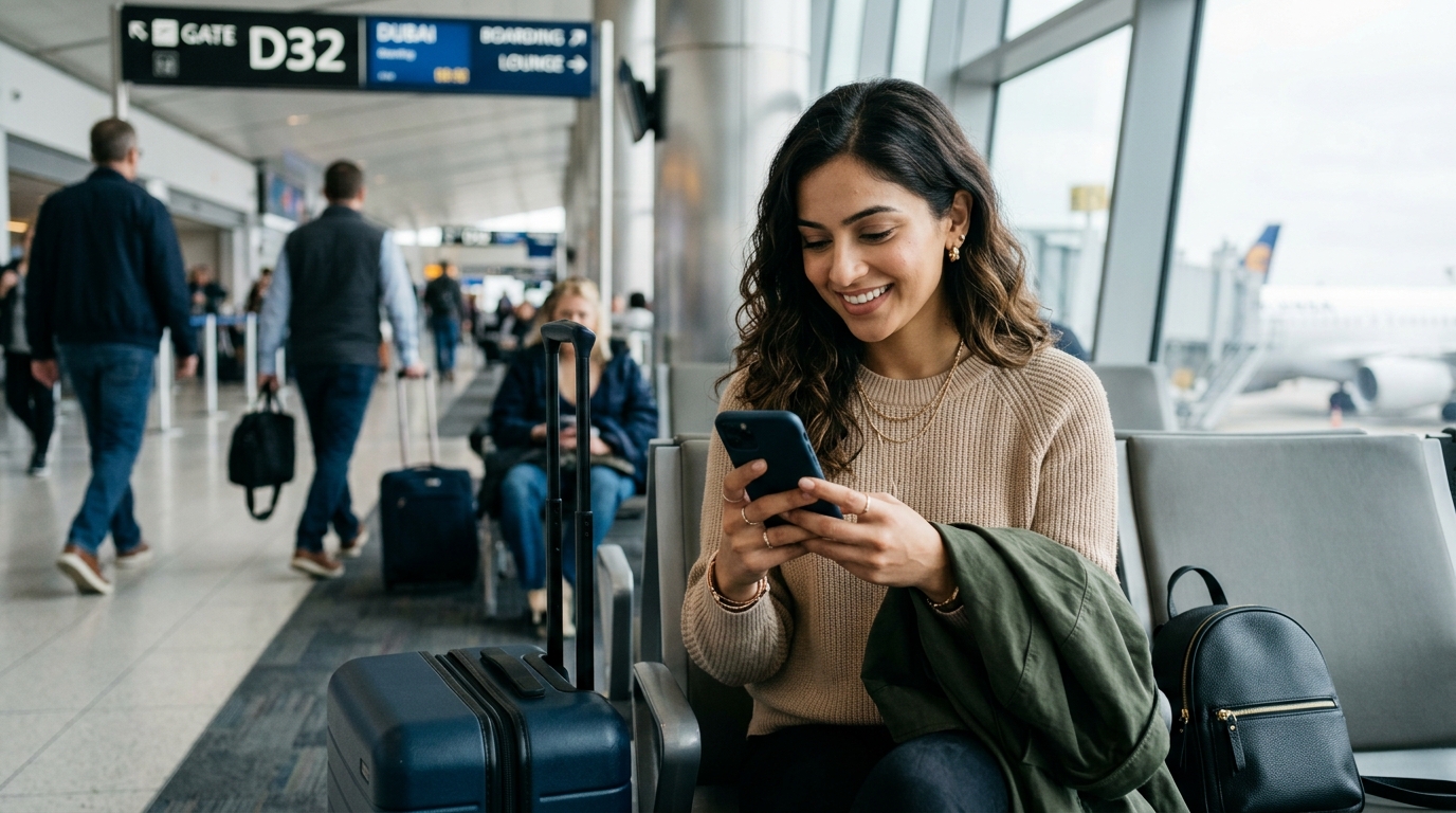 Young Indian traveller checking a flight deal notification on his phone at an airport