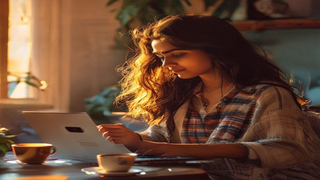 Young Indian woman comparing two flight price options on her laptop
