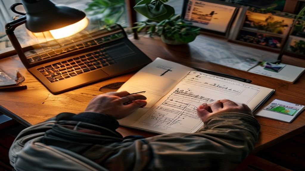 Young Indian professional marking travel dates on a desk planner next to an open laptop