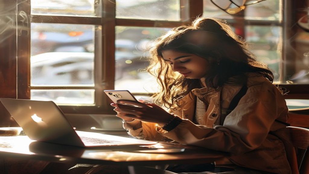 Young Indian woman saving a flight deal on her phone while sitting at a cafe table with a laptop open