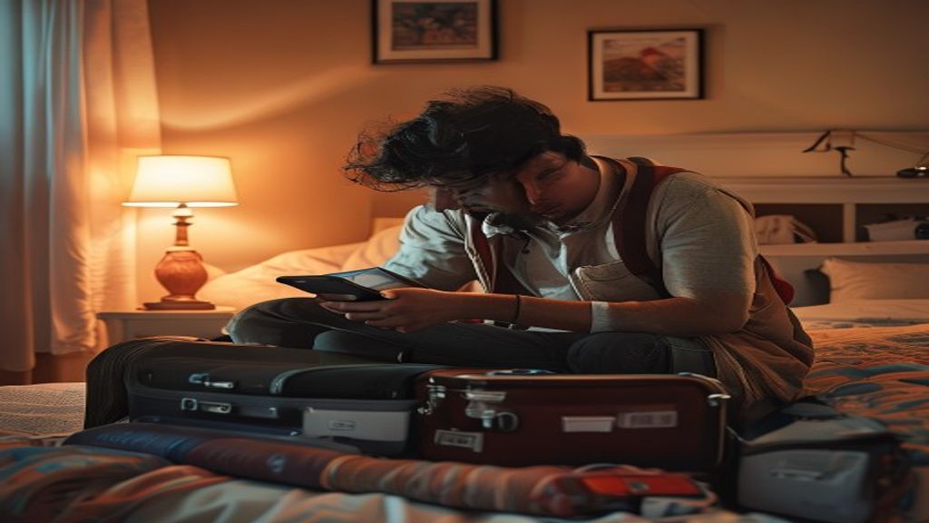Young Indian man checking his phone for a price-drop notification while packing a suitcase on his bed