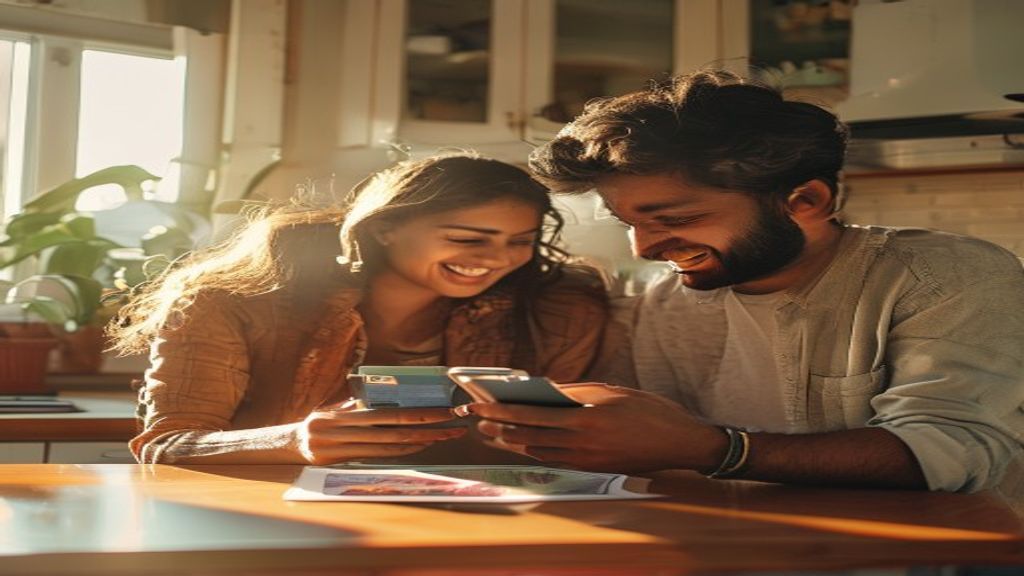 Young Indian couple excited looking at a flight deal on a phone screen at their kitchen table