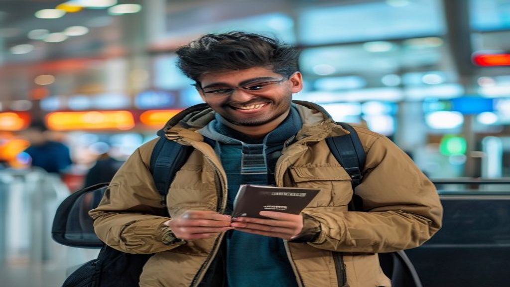 Young Indian traveller handing over his passport and boarding pass at an airport check-in counter