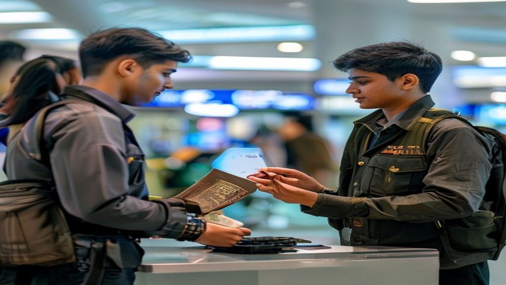 Young Indian traveller presenting passport at a visa on arrival counter at a Southeast Asian airport