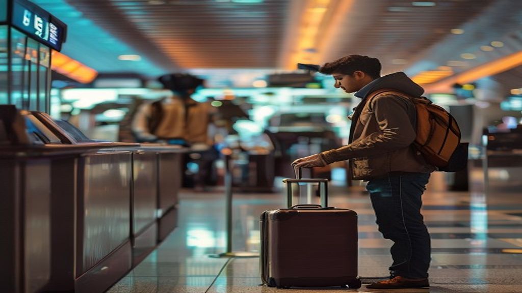 Young Indian traveller checking in luggage at an international airline counter with a staff member tagging the bag