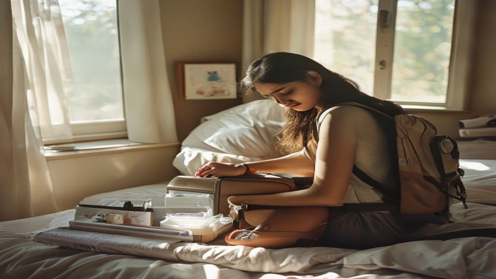 Young Indian woman packing a cabin-sized backpack neatly on a bed with toiletries in a clear pouch