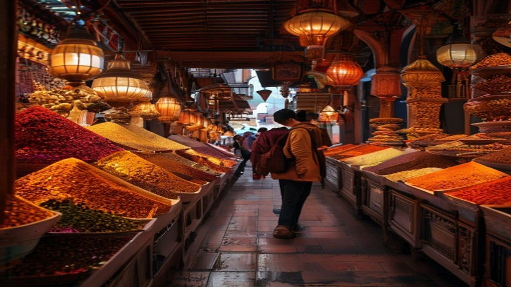 Young Indian traveller browsing spice stalls at the Grand Bazaar in Istanbul