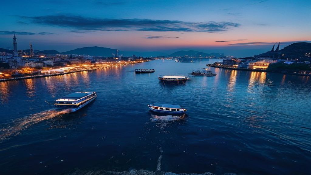 Bosphorus strait at blue hour with ferries crossing between Europe and Asia