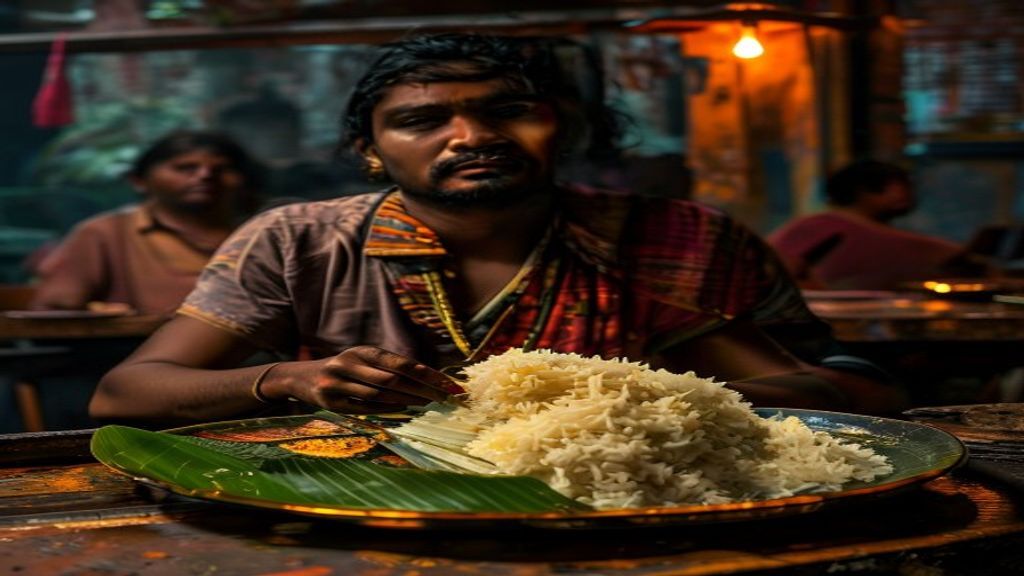 Young Indian traveller eating banana leaf rice at a Brickfields Little India restaurant in Kuala Lumpur