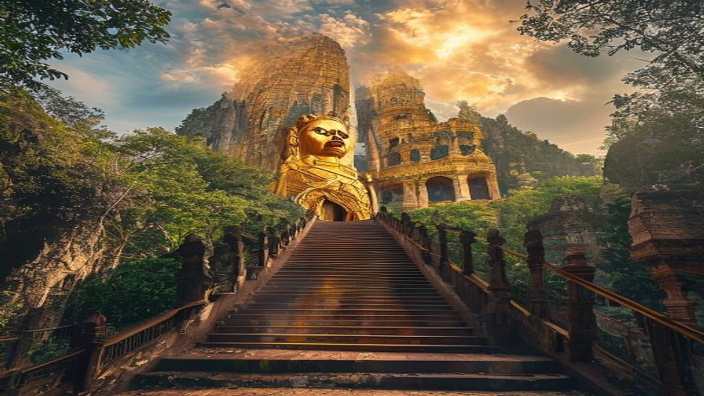 Batu Caves Kuala Lumpur with the giant golden statue and colourful staircase