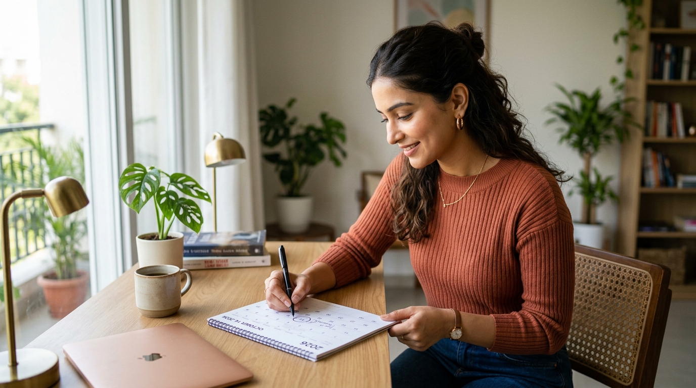 Young Indian professional marking dates on a 2026 desk calendar at home