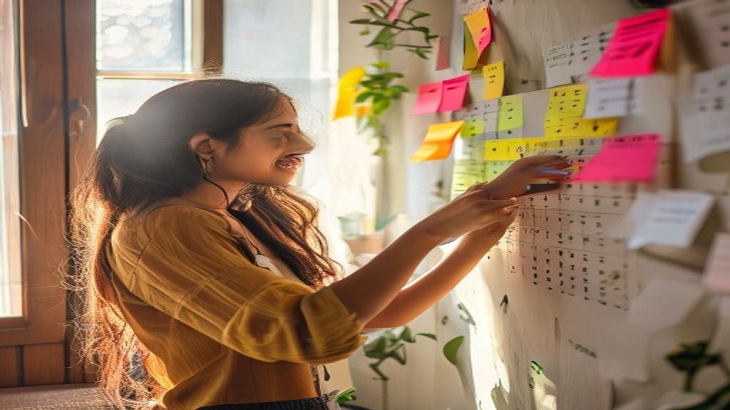 Young Indian woman sticking Post-it notes on a wall calendar to plan long weekend trips