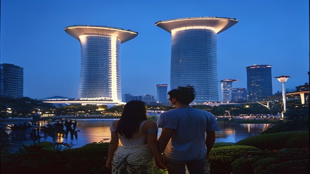 Young Indian couple at Gardens by the Bay in Singapore at blue hour