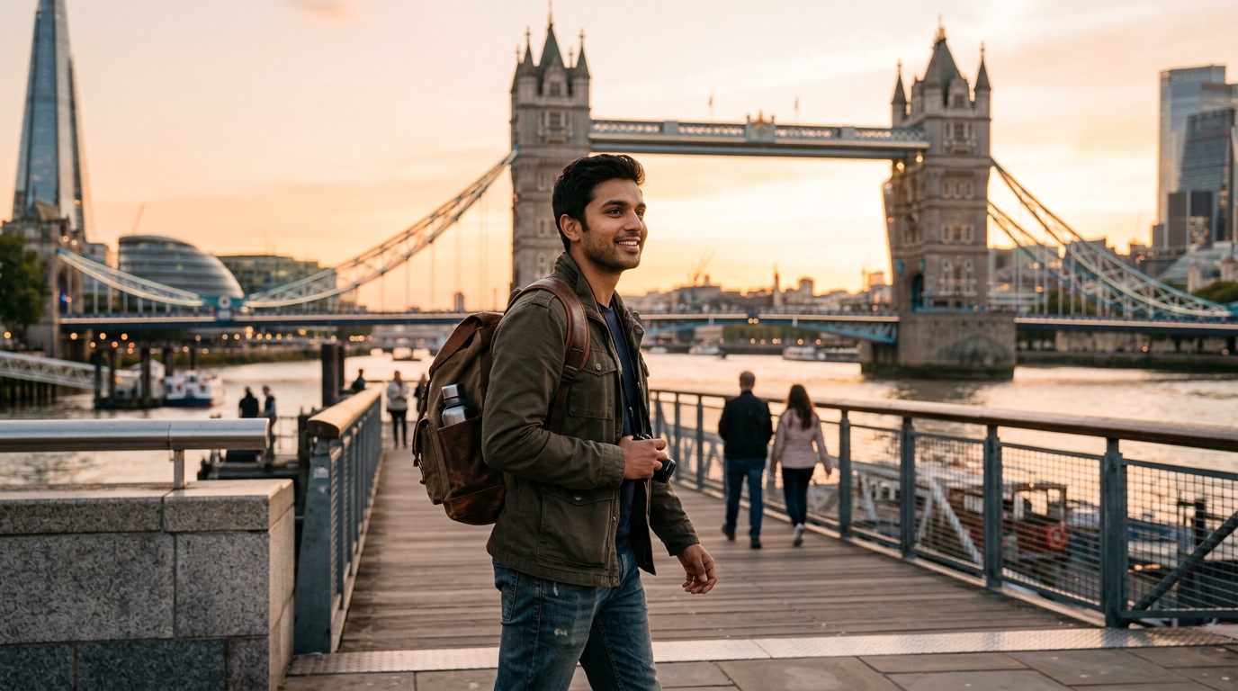 Young Indian traveller with a backpack on Tower Bridge at golden hour