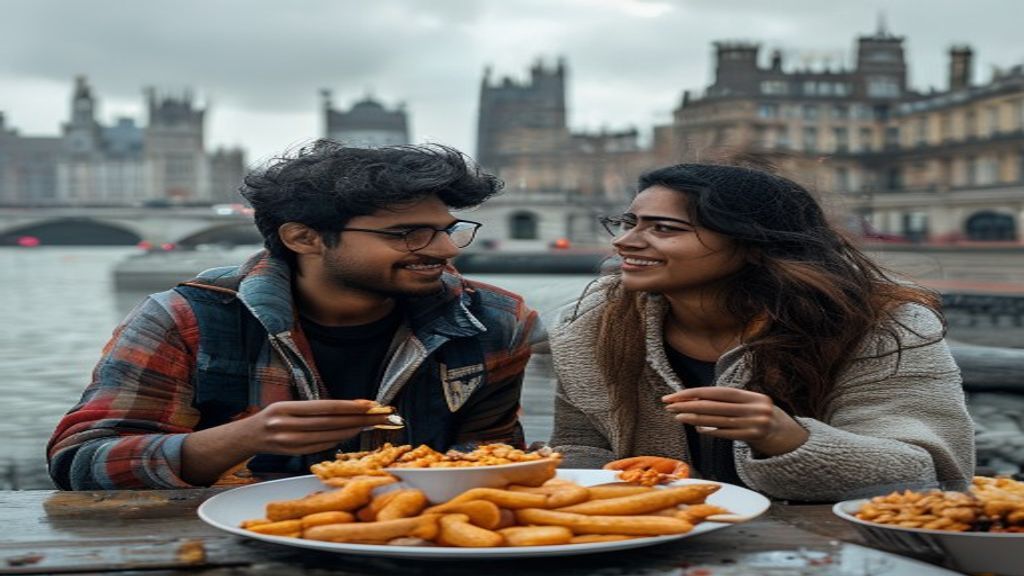 Young Indian couple sharing fish and chips on London's South Bank