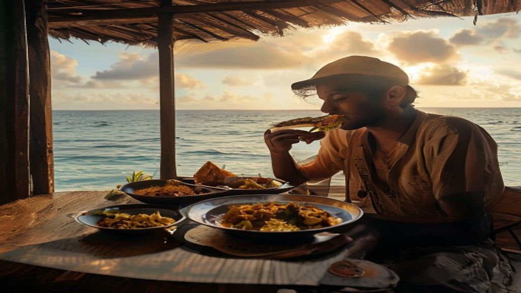 Young Indian traveller eating fresh grilled fish curry and rice at a budget guesthouse cafe on Maafushi island