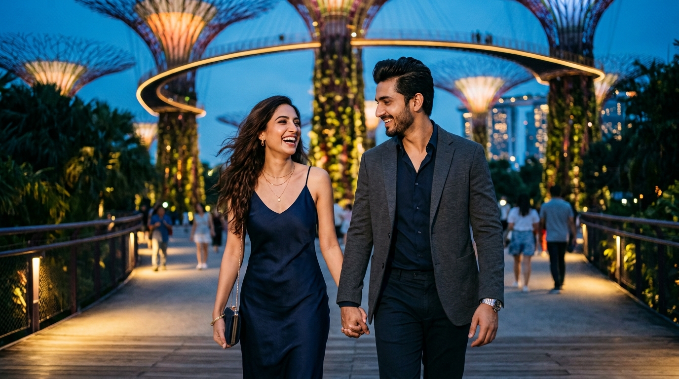 Young Indian couple at Gardens by the Bay in Singapore at blue hour