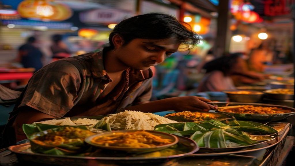 Young Indian traveller eating banana leaf rice at a Singapore hawker centre