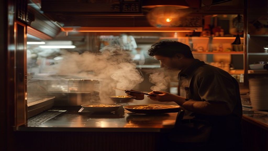 Young Indian man eating ramen at a Tokyo counter restaurant, steam rising from the bowl