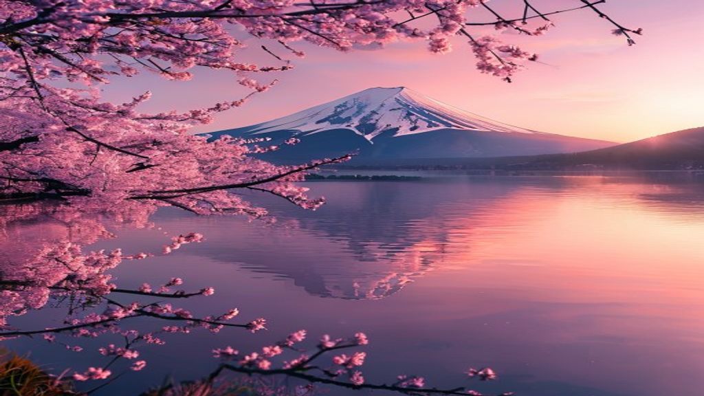 Mount Fuji at sunrise reflected in Kawaguchiko lake with cherry blossoms in the foreground