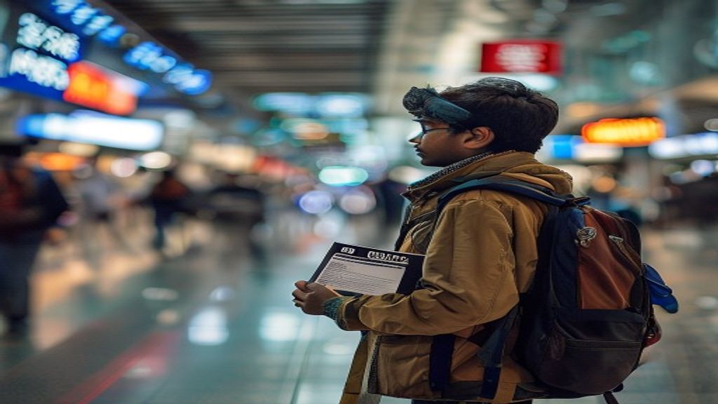 Young Indian traveller with a boarding pass and passport walking through an international airport transit corridor