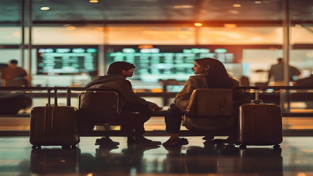 Young Indian couple waiting at an airport transit lounge with luggage, departure board in soft focus
